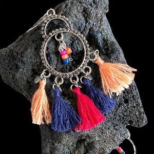 BEADED TASSEL BOHO ANTIQUE SILVER HOOP DANGLE HOOK EARRINGS FESTIVAL HANDMADE